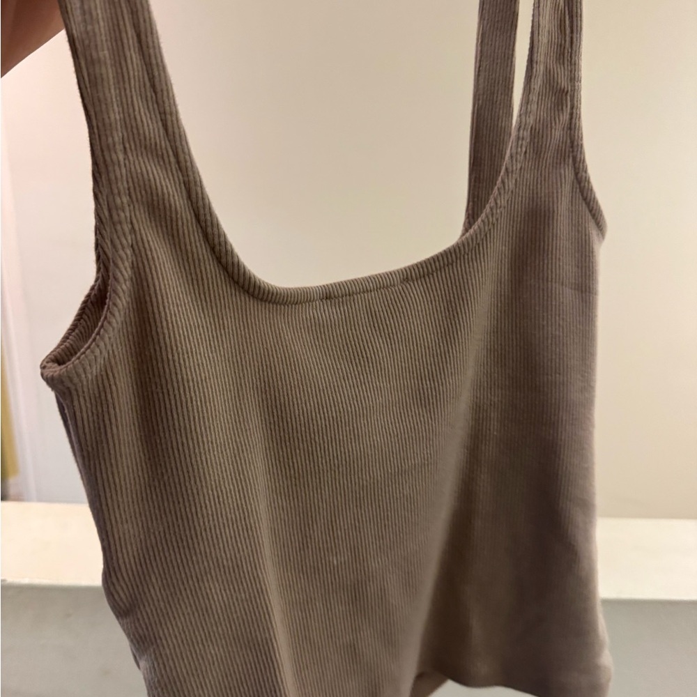 Brown Ribbed Tank Top Built-In Bra